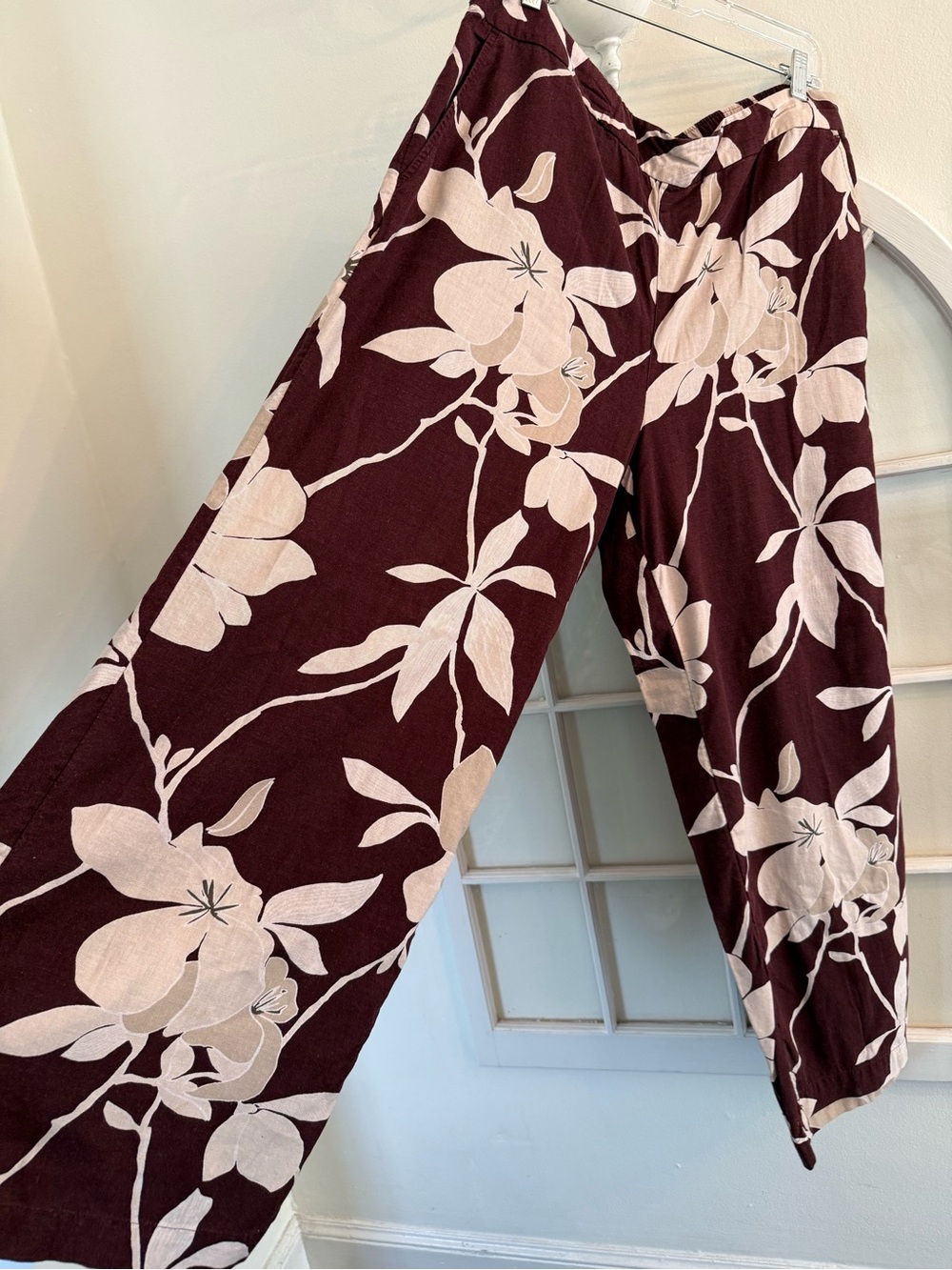 Loft Linen blend floral pants brown cream wide leg casual fall colors boho